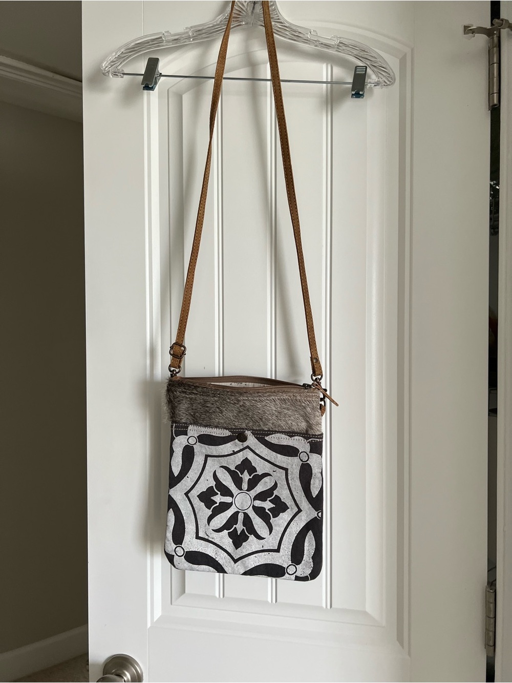 Myra Bag Brown Strap Crossbody with Black and White Tile Pattern